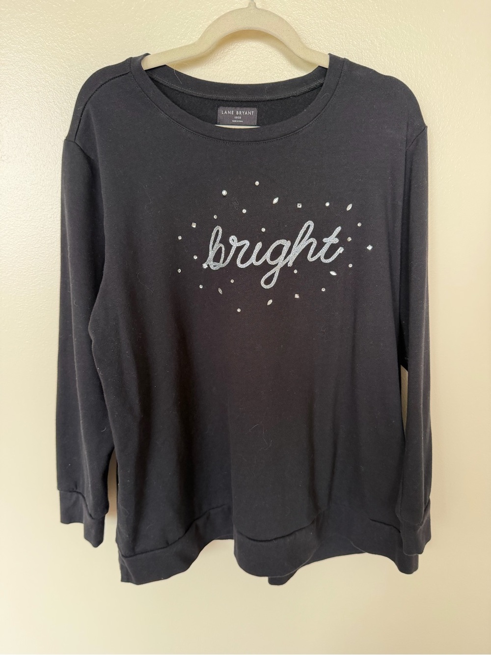 LANE BRYANT Black Crewneck Sweatshirt with Bright Crystal Accent